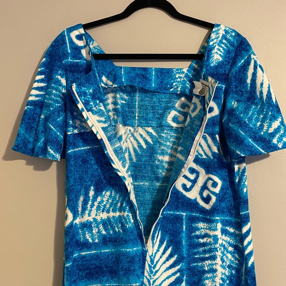 Vintage  maxi dress women’s medium palm fronds barkcloth blue - Picture 6 of 11